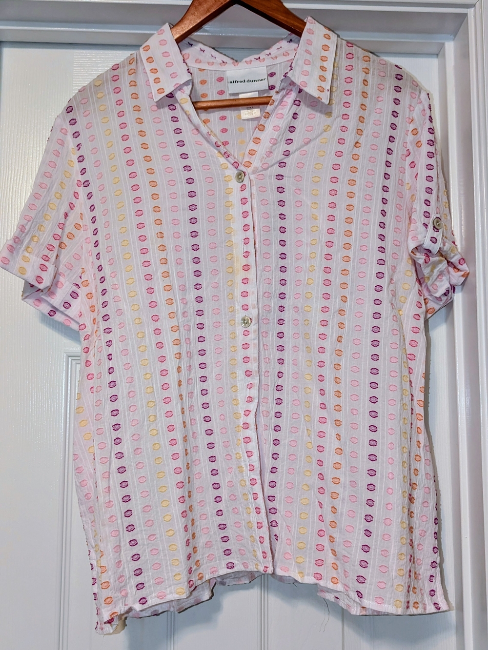 Alfred Dunner Pink Multi-Color Dot Stripe Short Sleeve Button Front Top